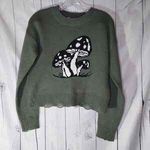 No Boundaries Olive Mushroom Graphic Cropped Grunge Distressed  Sweater